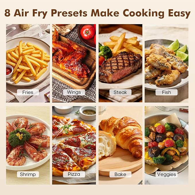 OLIXIS 6.34QT Air Fryer with Window, 8 Food Presets with 400°F Max Heat, 90-Min Timer, Nonstick Dishwasher-Safe Basket for Air Fry, Roast, Reheat, Bake, Stainless Steel, Grey