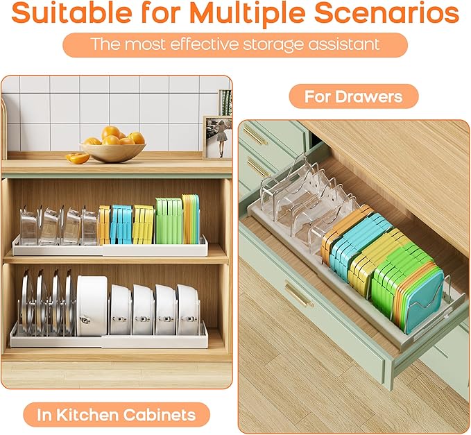 Nigelia Pots and Pans Organizer for Under Cabinet 22" Expandable Food Storage Container Lid Organizer with 10 Adjustable Dividers Pot and Pan Lid Holders Rack Inside Cabinet & Kitchen Countertop White