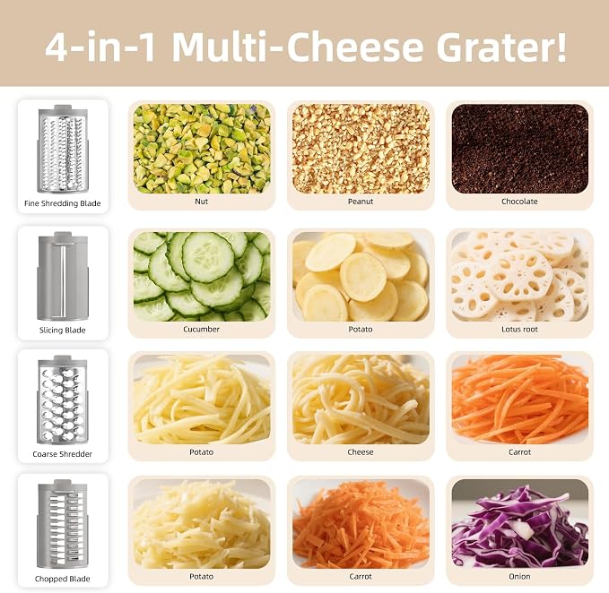Electric Cheese Grater, Rotary Vegetable Slicer with 4 Interchangeable Drum Blades, Multifunctional Cheese Chopper Shredder for Kitchen Potato Veggie Salad Fruit etc