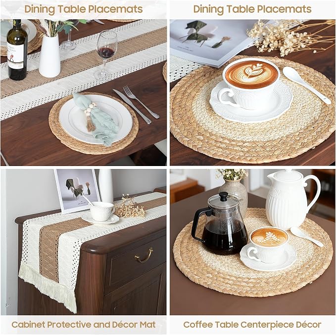 Placemats Set of 4,Natural Round Placemats with Table Runner & Napkin Rings | Made of Cotton Burlap and Corn Husk,Protective,Heat-Resistant,Non-Slip Boho Table Mats Fall Placemats for Dining Table Décor