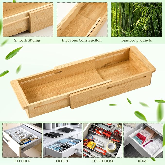 LemonRoad 2 Pcs Sliding Drawer Organizer 12.4-17.7 Inch Bin Bamboo Drawer Expandable Bins Utensil Organizer for Kitchen Spoons Forks Knives (Wood)