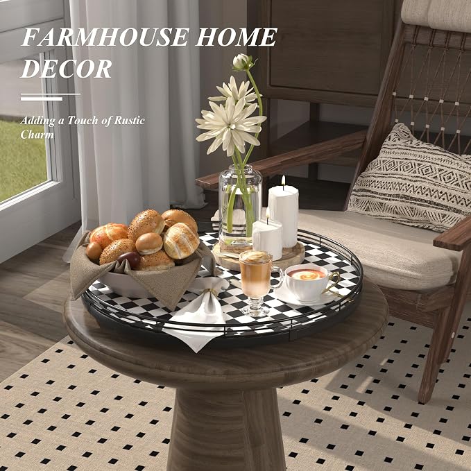 AMH 16-Inch Black and White Checkerboard Lazy Susan Decorative Tray | Smooth rotating oak tray with walnut finish for dining tables, kitchen counters, pantries and cabinet storage.