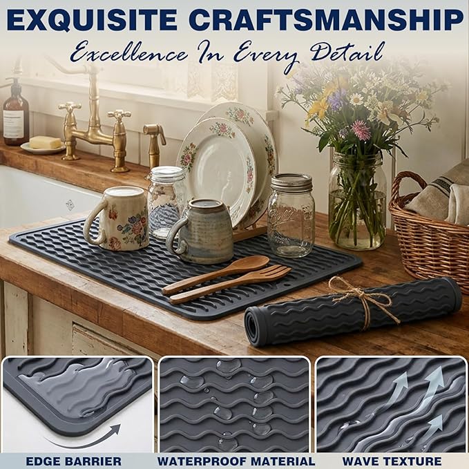 2 Pack Caketime Silicone Dish Drying Mat for Kitchen Counter Multiple Usage for Baking Cooking Grilling Under Sink Office Coffee Accessories Apartment Appliances Pioneer Woman Stuff 15"x11.5" Blue