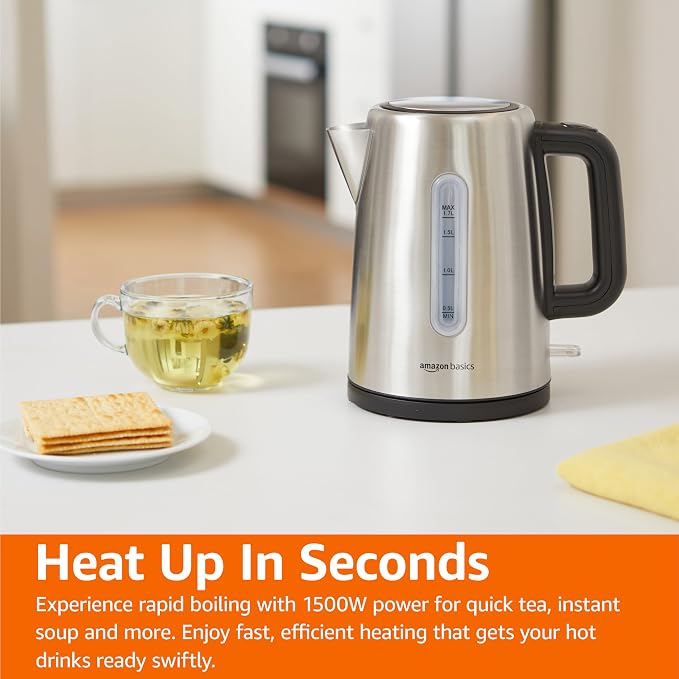Amazon Basics Electric Stainless Steel Kettle for Tea and Coffee, BPA-Free, Fast Boiling, Auto Shut-Off, Boil-Dry Protection, 1.7 Liter, 1500W, Black and Silver