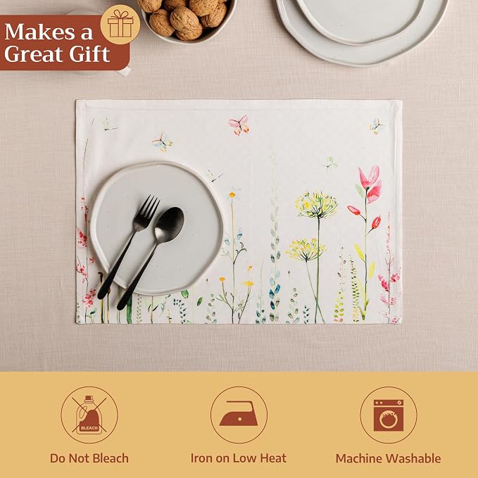Maison d' Hermine Placemats Set of 4 Reusable 100% Cotton (13"x19") | Cloth Place Mats Washable Table Mats for Kitchen Dining Party Wedding Hotel Home Restaurant Spring Summer - Botanical Fresh