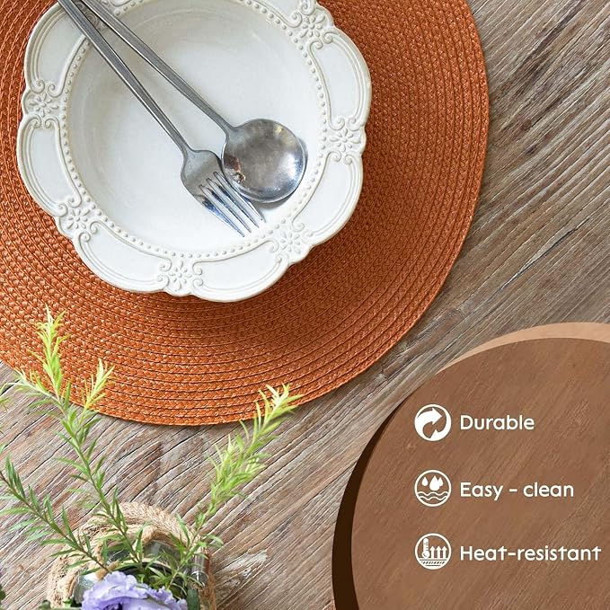 FunWheat Round Braided Placemats Set of 8 Table Mats for Dining Tables Woven Washable Non-Slip Place mats 15 inch(Pumpkin Orange,8pcs)