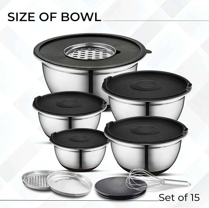 Premium Brushed Stainless Steel Mixing Bowls Sets, Easy To Clean, Space Saving, Great for Cooking, Baking, Prepping Needs 0.25qt, 1qt, 1.5qt, 3qt, 5qt (9 pc Anti Slip with Lid and Graters)