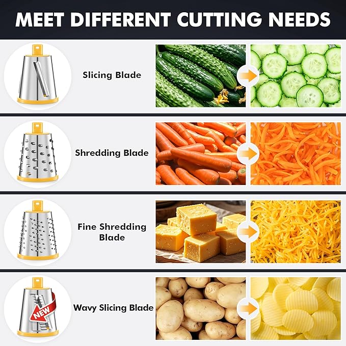 Geedel Upgraded Rotary Cheese Grater Hand Crank, Vegetable Shredder Slicer | 4 Blades, Stronger Suction Base, Wider Chute, 18x Faster Cutting, No BPA, Stainless Steel, for Cheese, Veggies, Nut