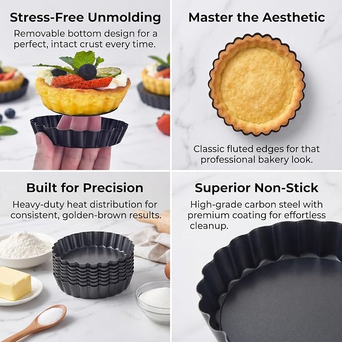 DATANYA 8 Pack Mini Tart Pans 4 Inch with Removable Bottom Round Nonstick Quiche Pan, Heavy Duty Fluted Side for Pies, Mousse Cakes, Dessert Baking (4 Inch 8pcs)