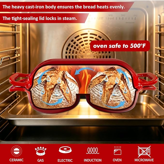 2.7 QT Enameled Cast Iron Bread Oven with Lid, Double Loaf Dutch Oven for Sourdough Bread Baking, Bake Two Artisan Mini Loaves at Once, Steam Locking Lid, Non-Stick Easy Clean, Oven Safe 500°F