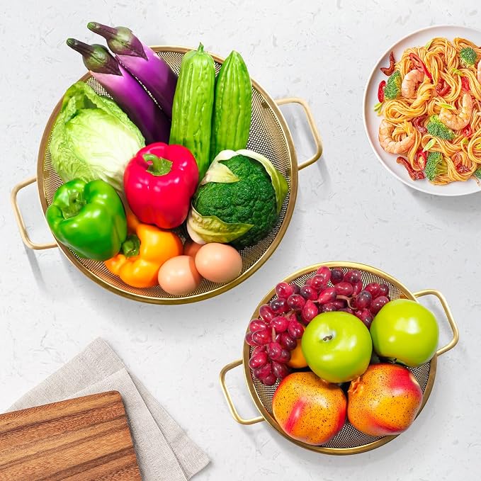2PCS Gold Strainer for Kitchen, 3QT and 5QT, Stainless Steel Colander with Handle for Fruits Vegetables Cooking Food, Dishwasher Safe