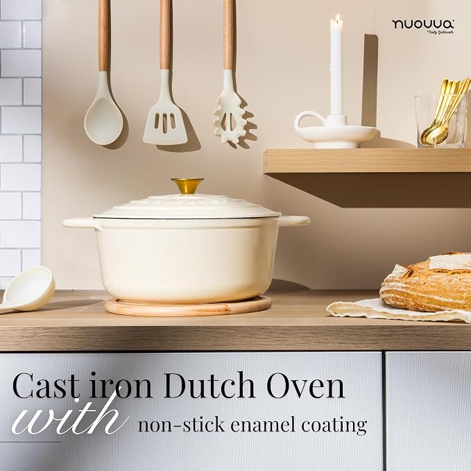 Cast Iron Pot with Lid-Non-Stick Ovenproof Enamelled Casserole Pot, Oven Safe up to 500° F-Sturdy Dutch Oven Cookware - Cream, 5-Quart, 24cm-by Nuovva