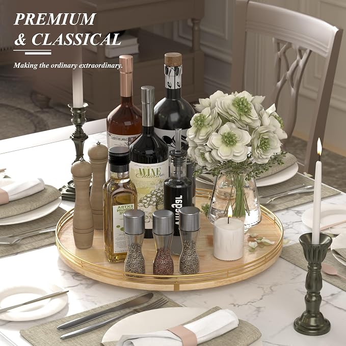 AMH 18-Inch Rustic Lazy Susan with Solid Oak Base and Black Iron Rail | Smooth rotating oak tray with walnut finish for dining tables, kitchen counters, pantries and cabinet storage.