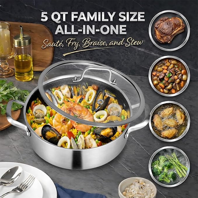 Inqibee 5 QT Saute Pan with Lid, 12 Inch Deep Frying Pan, Riveted Handle | Hybrid Ceramic Nonstick Cookware, Tri-Ply Stainless Steel Pan, PFOA Free, Induction Cooking Pan, Dishwasher and Oven Safe