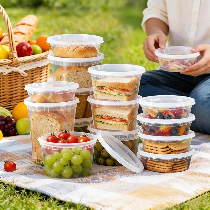 BYSNOW 60 Sets Deli Containers with Lids Plastic Food Storage Containers | 32/16/8 oz X 20 Set Each, Leak-Proof & BPA Free Airtight Stackable Takeout, Freezer/Microwave/Dishwasher Safe
