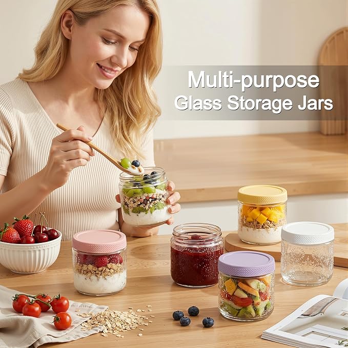 4 pack 16 oz Overnight Oats Containers with Lids, Glass Food Storage Container, Airtight Salad Jars, Mason Jars for Overnight Oats, Yogurt, Oatmeal, Salad, Coffee, Spices