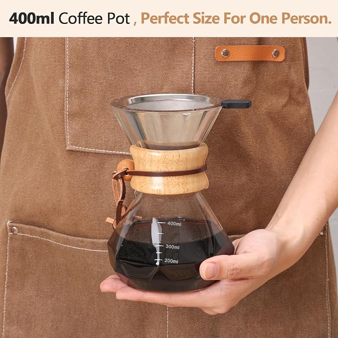 Pour Over Coffee Maker 14 OZ, 4 Cup Borosilicate Glass Drip Coffee Maker with Reusable Stainless Steel Filter and Cork Grip for Home Café 400 ML (Diamond Shape)