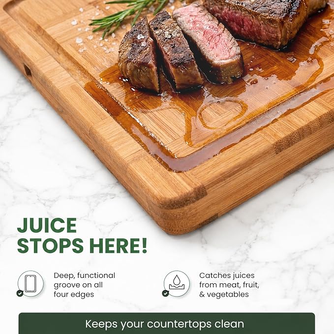 Wood Cutting Boards for Kitchen with Juice Groove, Eco-Friendly Wooden Bamboo Chopping board, Food-Safe, Non Plastic Tabla Para, Carbonized Butcher Block for Meat, Veggies Fruits, Medium