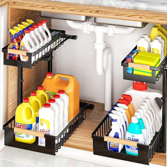 Under Sink Organizers and Storage, 2 Pack L-Shaped Pull Out Cabinet Organizer, 2 Tier Sliding Storage Rack with Adjustable Height, Metal Under Sink Shelf for Kitchen, Bathroom, Pantry, Black