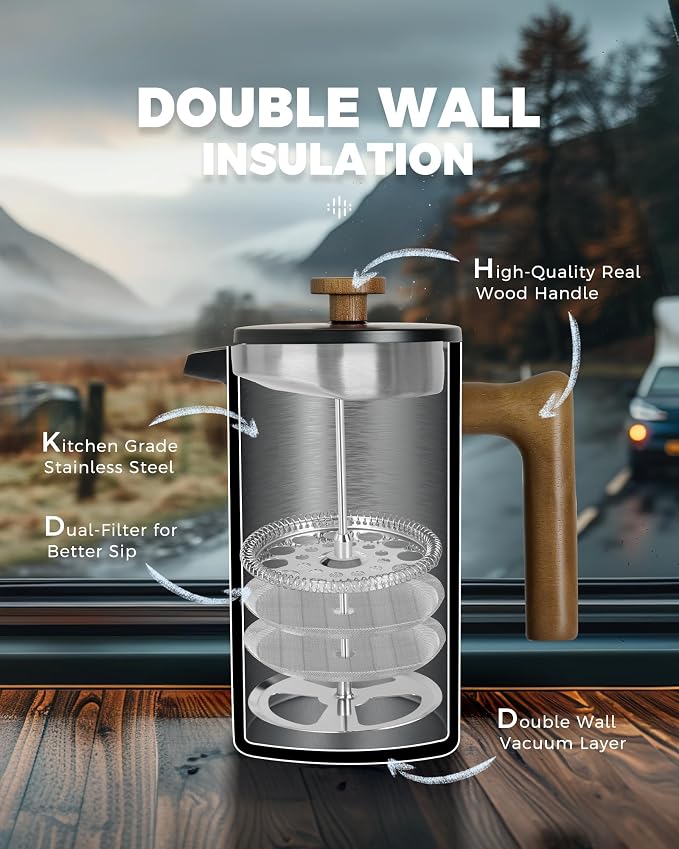 POLIVIAR French Press Coffee Maker, 34 Ounce Coffee Press with Real Wood Handle, Double Wall Insulation & Dual- Filter Screen, Food Grade Stainless Steel for Good Coffee and Tea (Vintage) | Real Wood Handle Coffee Press, Double Wall Insulation, Dual-Fi...