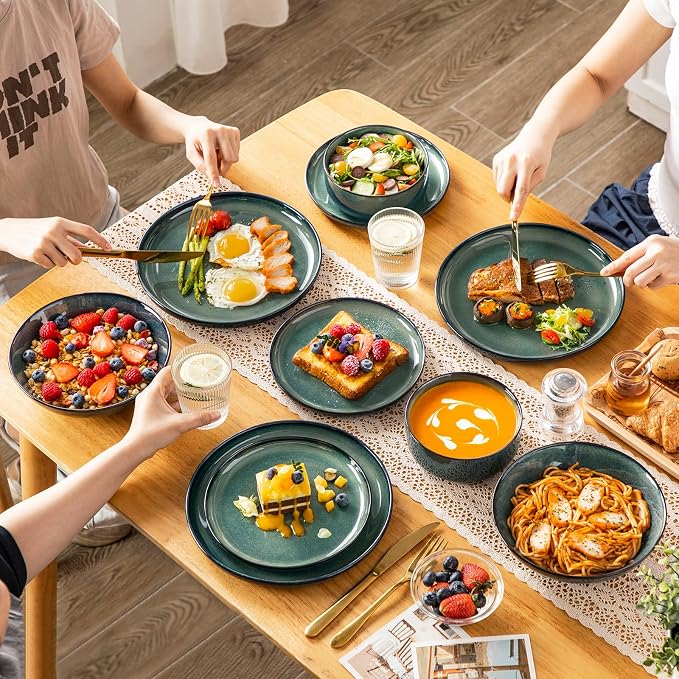 vancasso Starry Plates and Bowls Sets for 6, 24 Pieces Dinnerware Sets, Green Reactive Glaze Dishes Sets for Kitchen, Scratch Resistant Stoneware Dishes Set, Dishwasher and Microwave Safe