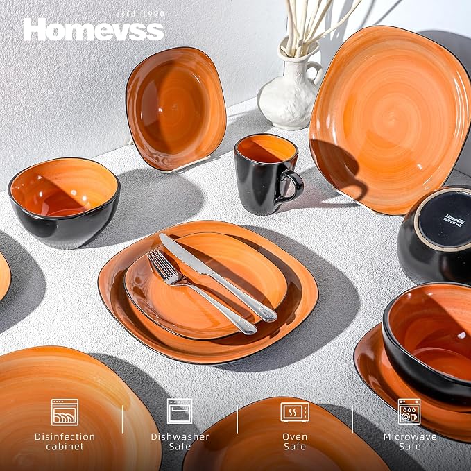 Stoneware Square 16pc Dinnerware Set, Inside Spinwash Swirl Orange + Outside Black