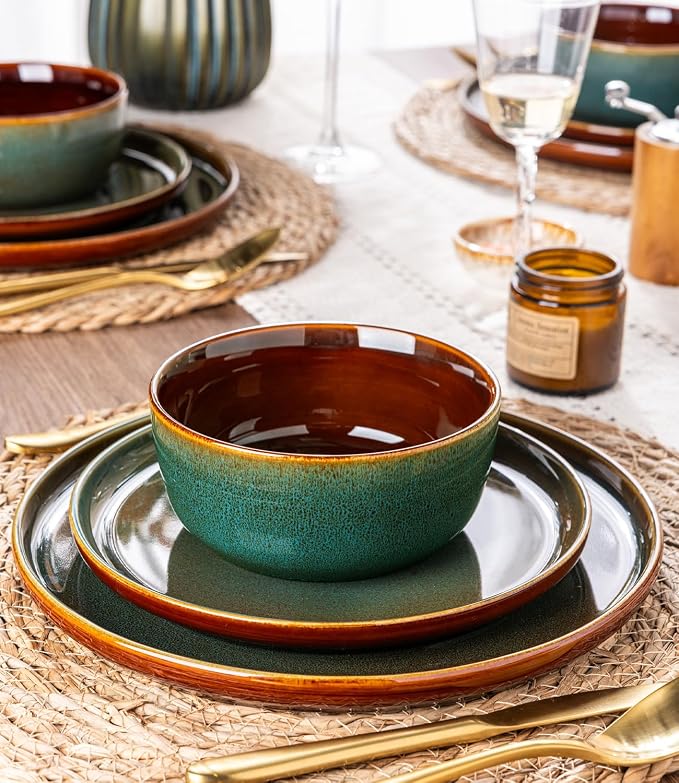 GBHOME Dinnerware Sets for 8, 24 Pieces Ceramic Plates and Bowls Set | Scratch Resistant Stoneware Dishes Set, Dishwasher & Microwave Safe, Reactive Glaze-Brown Green