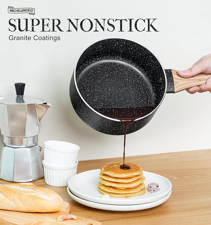 MICHELANGELO Saucepan Set, 3-Piece Nonstick Sauce Pans with Lids, 1QT, 2QT, 3QT, Black Granite Stone