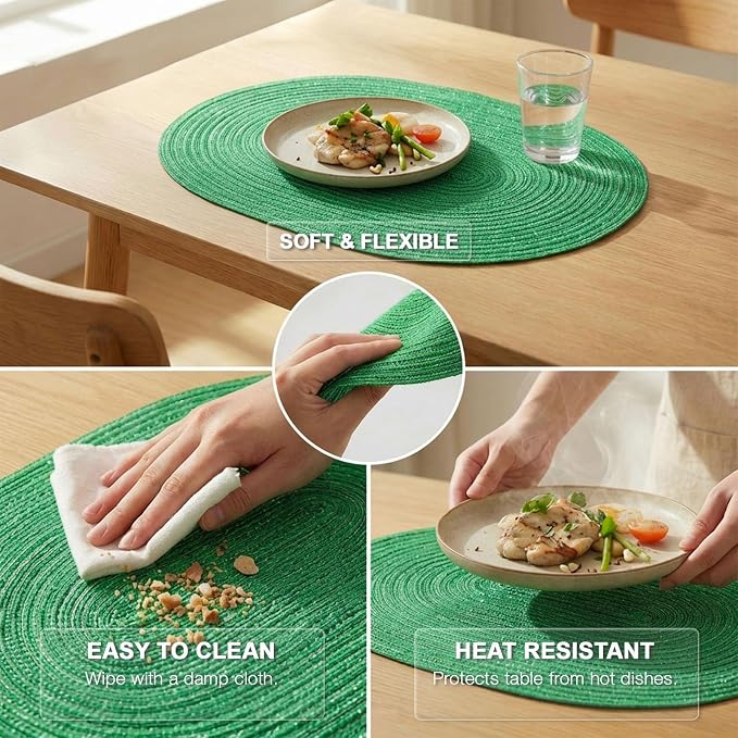 Placemats Set of 6, Woven Oval Braided Dining Table Mats(Green Shine) | 12 x 17.5 Inch Size Fits Plates and Flatware; Hand Washable and Heat Resistant for Kitchen Use, with Farmhouse and Boho Style
