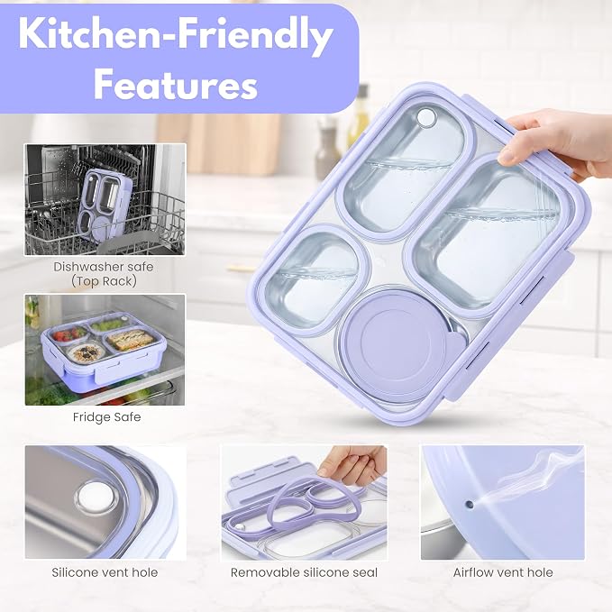 Homaze Kids Adults Stainless Steel Bento Box, 4-Compartment Metal Lunch Box