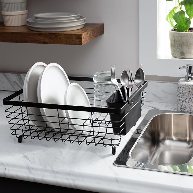 Kitchen Details Flat Wire Countertop or Over The Sink Dish Drying Rack with Cutlery Basket | Holds up 10 Dishes | Mugs | Kitchen Accessories | Black