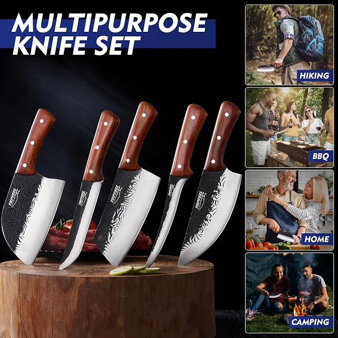 Topfeel 5PCS Hand-Forged Butcher Knife Set, High Carbon Steel | 7-inch chef and slicer, 7.5-inch cleaver and boning knives, 8-inch butcher knife, full-tang rosewood handles, gift box