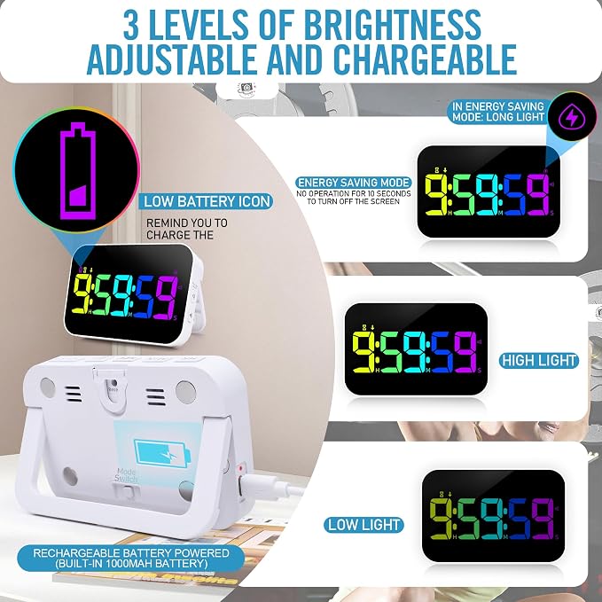 Digital Timer for Classroom, Pomodoro, Gym & Kitchen – Rechargeable Magnetic Countdown Timer, Large LED Display, Loud Alarm, 3 Volume Levels & 3 Brightness Settings
