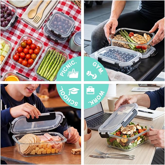 12 Pack Glass Food Storage Containers with Lids(Black) | Meal Prep Containers with Snap Locking Lids, Airtight Lunch Containers for Microwave, Oven, Freezer and Dishwasher, BPA Free