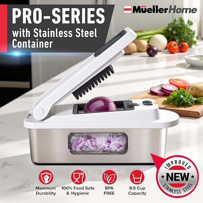 MUELLER HOME Pro-Series 10-in-1, Stainless Steel Multi Vegetable Chopper | 8 Blade Mandoline Slicer, Kitchen Accessories and Essentials, Food and Veggie Chopper, Mincer, Dicer, White Sand/Grey