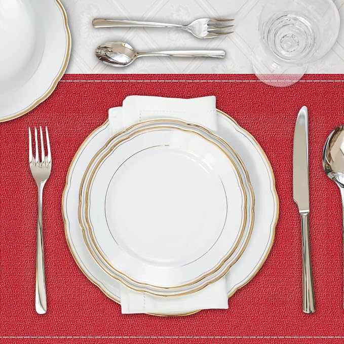 Christmas Placemats Set of 6, 12x18 Inch Rectangular Placemats for Kitchen Table, Red Placemats for Holiday Party Kitchen Dining Room Decoration