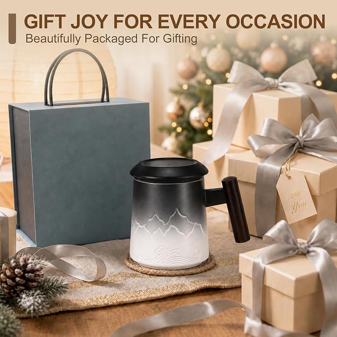 Tea Cup with Infuser and Lid, White & Black | 14oz Ceramic Tea Mug with Lid, Loose Leaf Tea Steeper Cup with Wood Handle for Tea Lovers Gifts