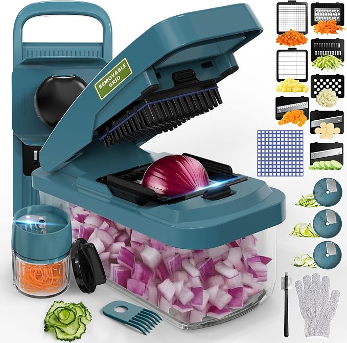 Multifunctional Vegetable Chopper & Mandoline Slicer with Spiralizer | Removable Grid ,8 Interchangeble Blades, Onion Chopper, Easy to Clean, Dishwasher Safe, Fruit Slicer Onion Dicer