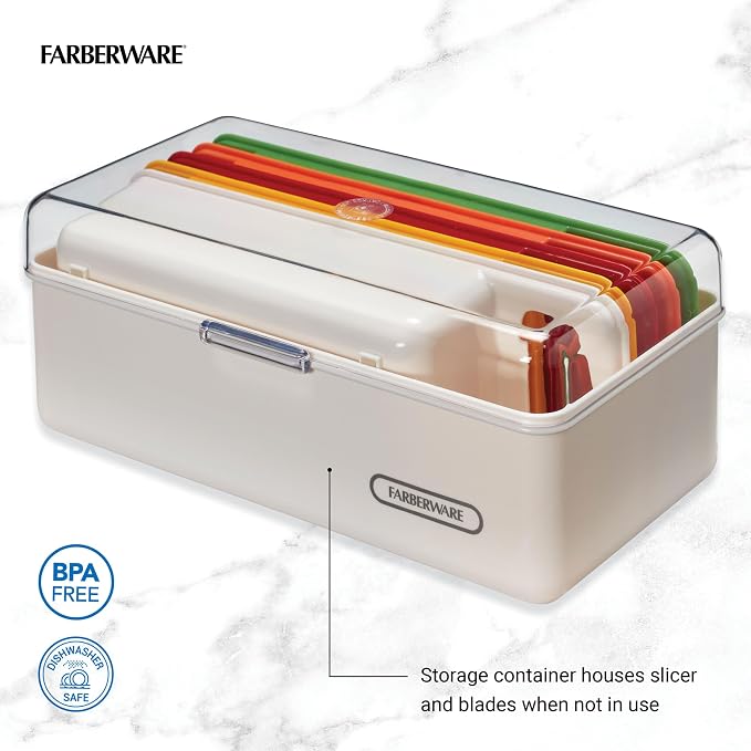 Farberware Pro Mandoline Slicer for Kitchen with Storage Case, 4 Color-Coded Blades, Fine and Coarse Julienne, Grater, Safety Food Holder, Dishwasher Safe