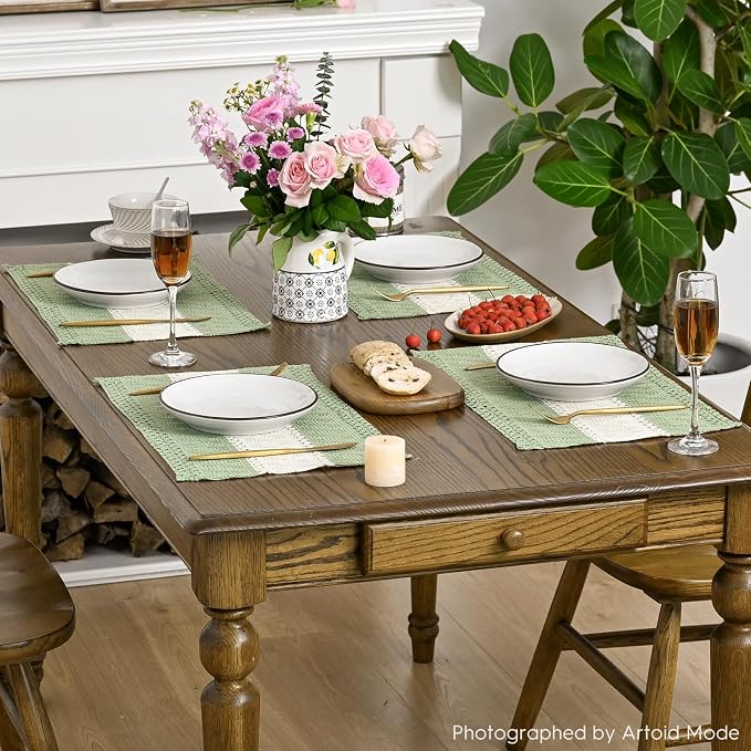 Artoid Mode Light Green Farmhouse Rustic Placemats Set of 4,12x18 Inch Seasonal Hollow Table Mats Party Kitchen Dining Decoration