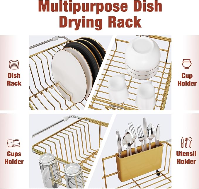 JASIWAY Gold Dish Drying Rack in Sink, Dish Drainer with Utensil Holder | Over The Sink Expandable Stainless Steel Strainer Dryer Rack for Small Kitchen, Counter Space Saving, Fast Drain, Rustproof
