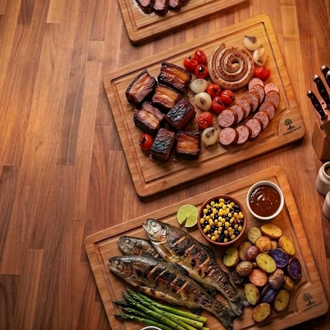 Bamboo Cutting Board for Kitchen, 3-Piece Carbonized Bamboo Chopping Board with Juice Groove, Side Handles, Bamboo Butcher Block Board for Meat, Vegetables & Fruits