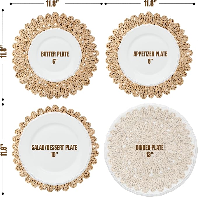 11.8" Corn Husk Woven Round Placemats Set of 4 - Wicker Boho Farmhouse Placemats - Rattan Table Mats Like Water Hyacinth for Dining Table, Wedding, Home