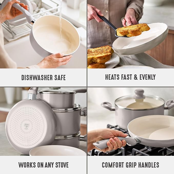 GreenLife 16pc Ceramic Nonstick Pots & Pans Cookware Set, Light Gray | PFAS-Free Nonstick Coating, Stockpot, Frying Pans, Saucepan, Sauté, Induction Ready, All Stovetop Compatible, Dishwasher Safe