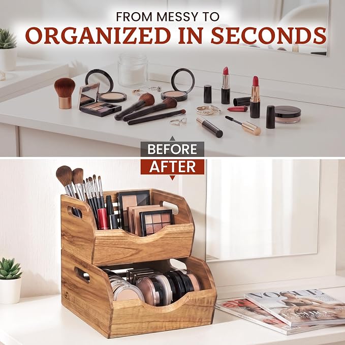 HOMESTEAD Stackable Wood Storage Bin, Ventilated Potato and Onion Storage Organizer with Handles, Wooden Pantry Organizer Bins for Fruit, Vegetables, Potatoes and Onions Storage, Natural
