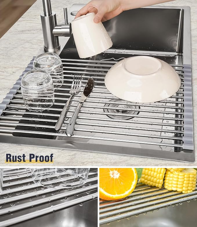 Tomorotec Roll Up Dish Drying Rack Over Sink, 304 Steel, 17.7x12.5, Grey | Anti-Slip Silicone Rims For Grip, Heat-Resistant Trivet Mat Holding Heavy Cookware, Rustproof Kitchen Counter Space Saver