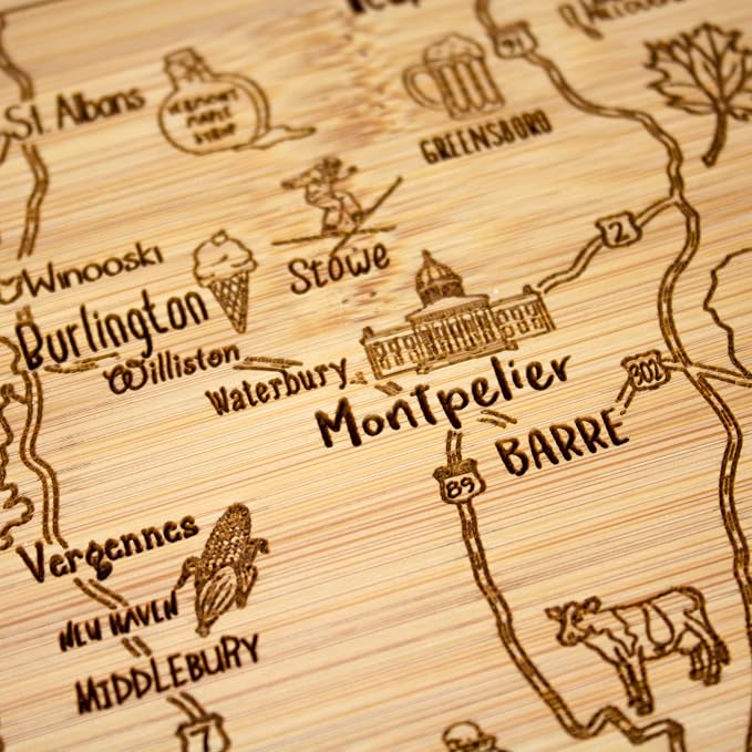 Totally Bamboo A Slice of Life Vermont Engraved Map Cutting Board | 11” x 8.75” charcuterie board with engraved state map artwork. Smooth reverse side for food prep. Hang tie for wall display.