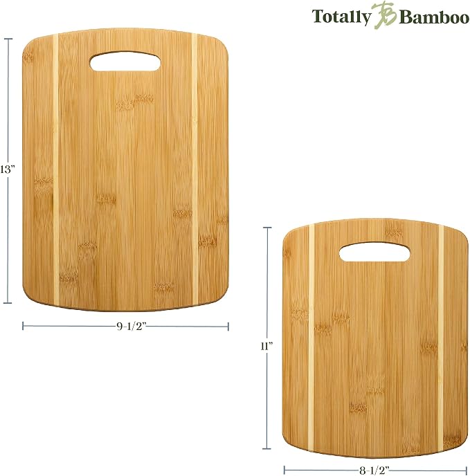 Totally Bamboo 2-Piece Cutting Board Set; 2 Assorted Sizes of Bamboo Wood Cutting Boards for Kitchen | Large and medium wood chopping boards. Everyday prep for produce, meat, fish and poultry. Built-in handle holes for storage.