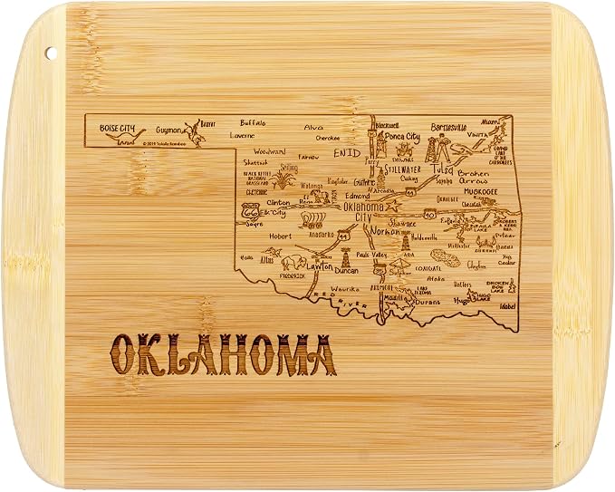 Totally Bamboo A Slice of Life Oklahoma Engraved Map Cutting Board | 11” x 8.75” charcuterie board with engraved state map artwork. Smooth reverse side for food prep. Hang tie for wall display.