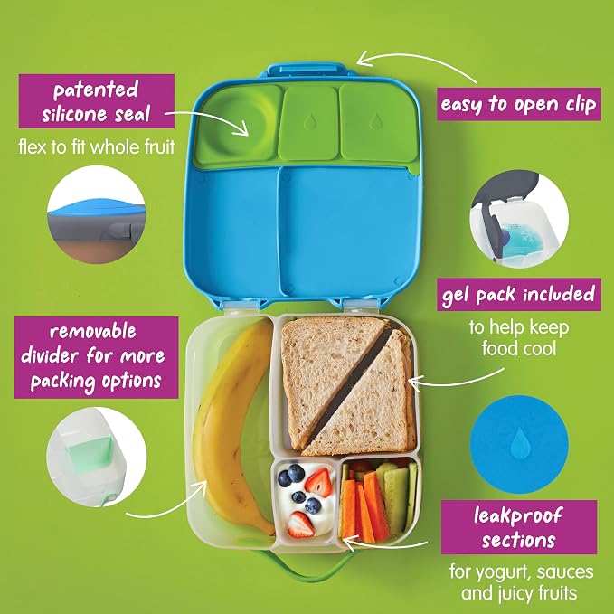b.box Lunch Box, 8.5 Cup Bento Box for All Ages, Snack Box, Food Containers | Lunch Box Kids + Adults, Lunch Containers, 4 Compartments, Leak Proof, Dishwasher Safe, BPA Free, PFAS Free — Ocean Breeze
